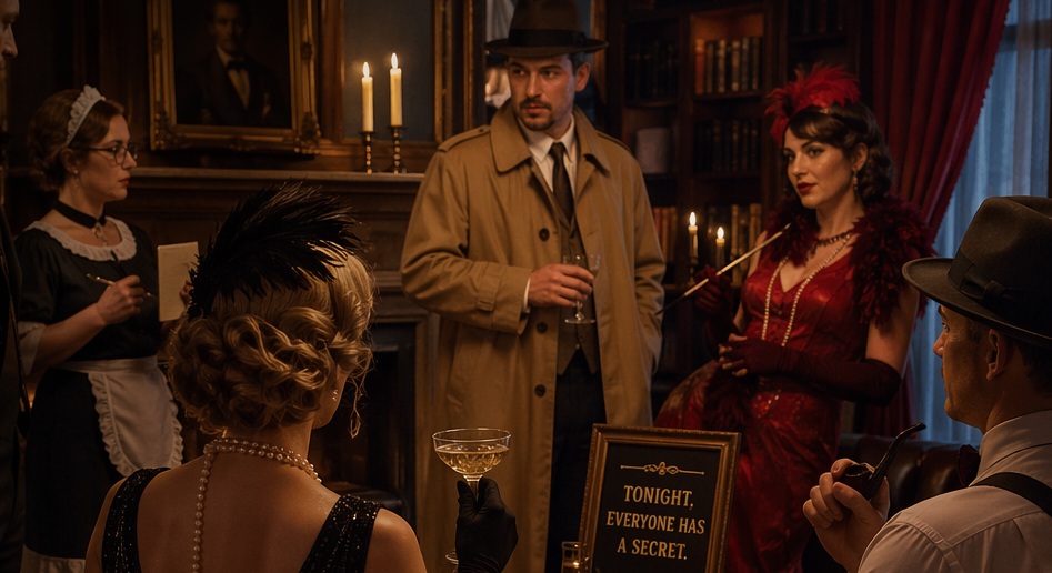 Group of friends playing a murder mystery dinner party game